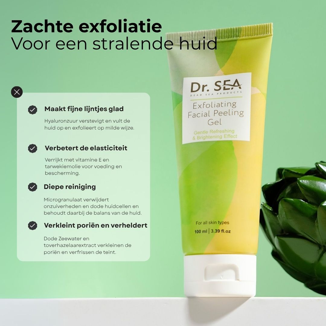 Gel tube met tekst. Opschrift: Dr. SEA, Exfoliërende gezichtspeeling. Met ingrediënten en voordelen.