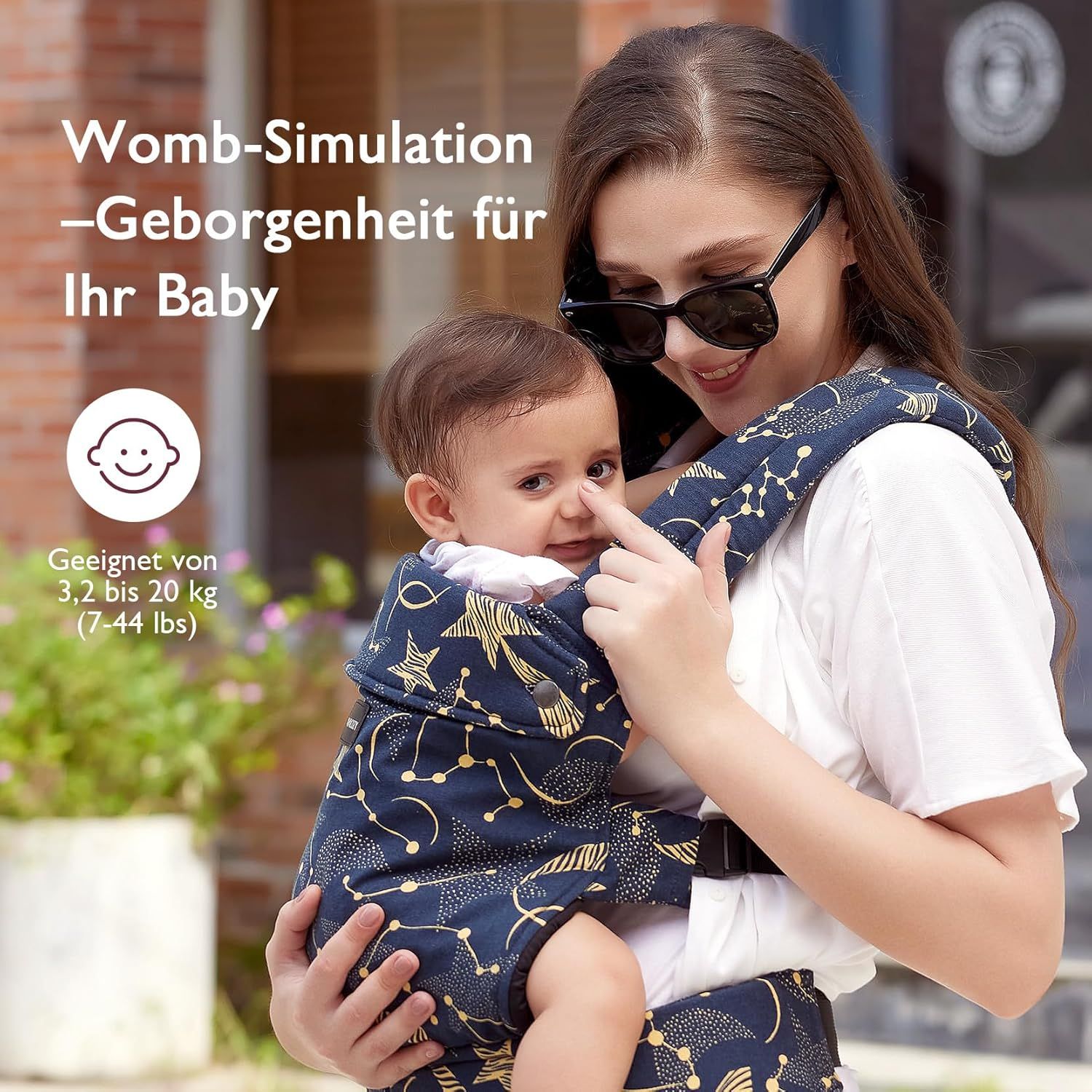 Femme avec bébé dans un porte-bébé. Texte : "Simulation Pouch - Sécurité pour votre bébé". Convient de 3,2 à 20 kg.
