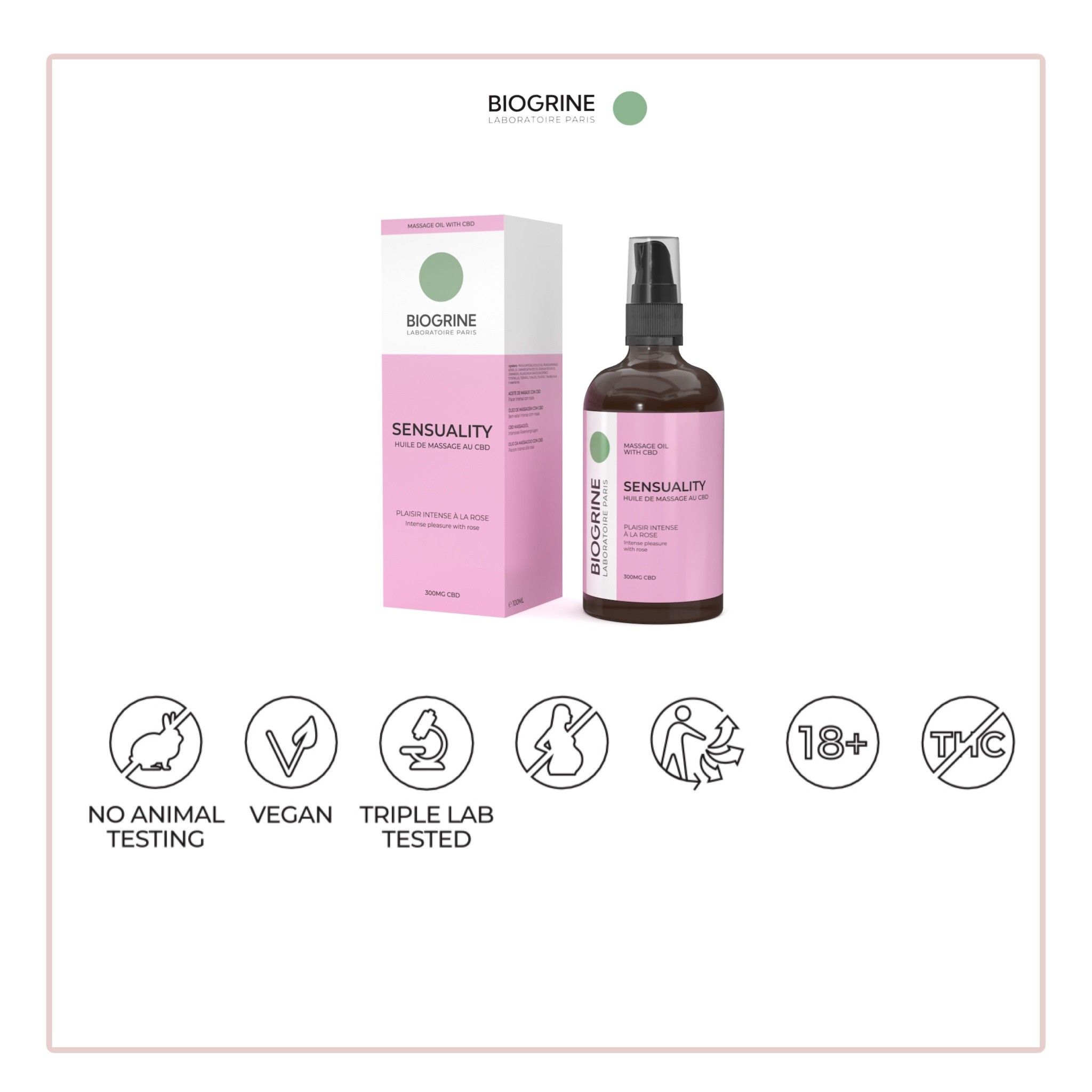 Massageolie fles en verpakking. Roze etiket met tekst. Merk BIOGRINE. Certificeringen.