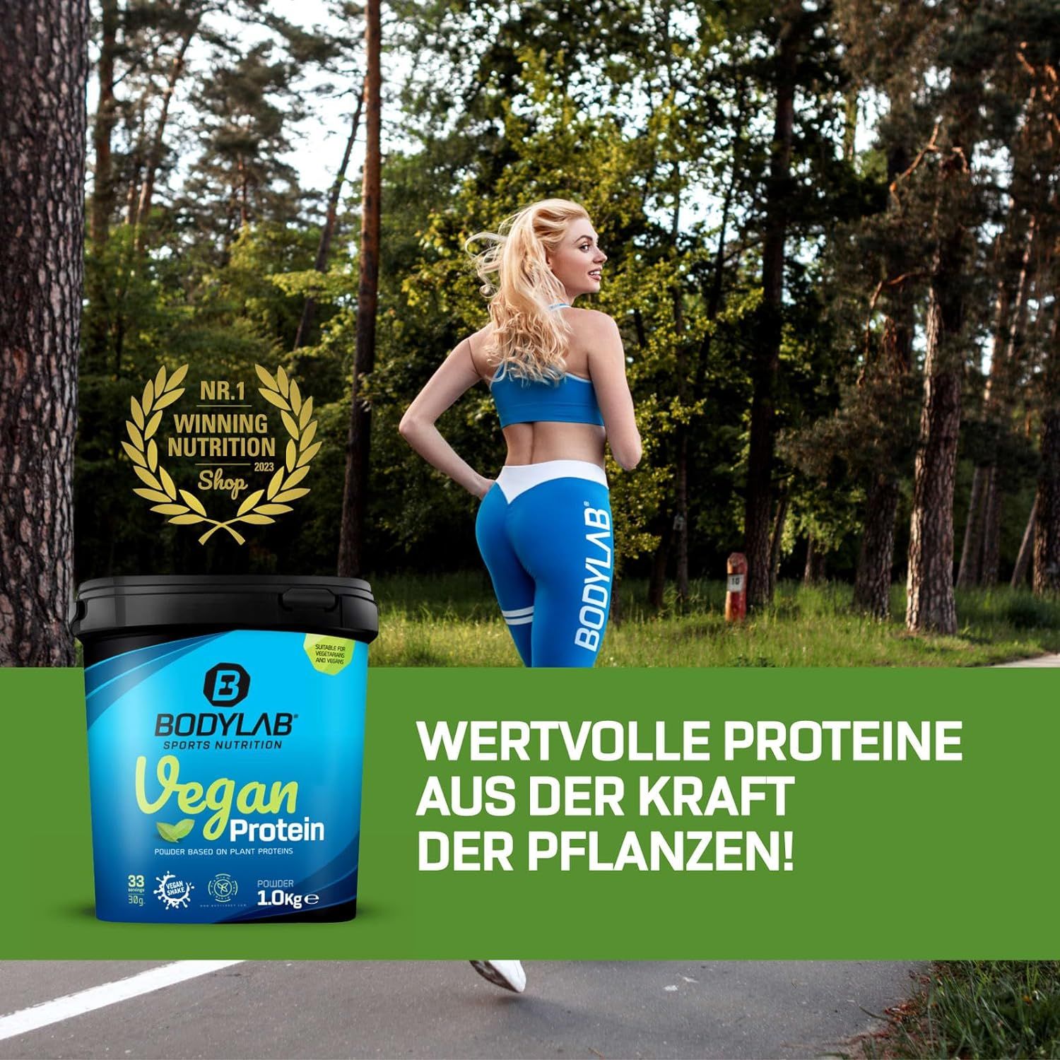 Seau Bodylab Vegan Protein à côté d'une femme courant. Texte: Protéines précieuses issues de la force des plantes. Nr.1 Winning Nutrition Shop.