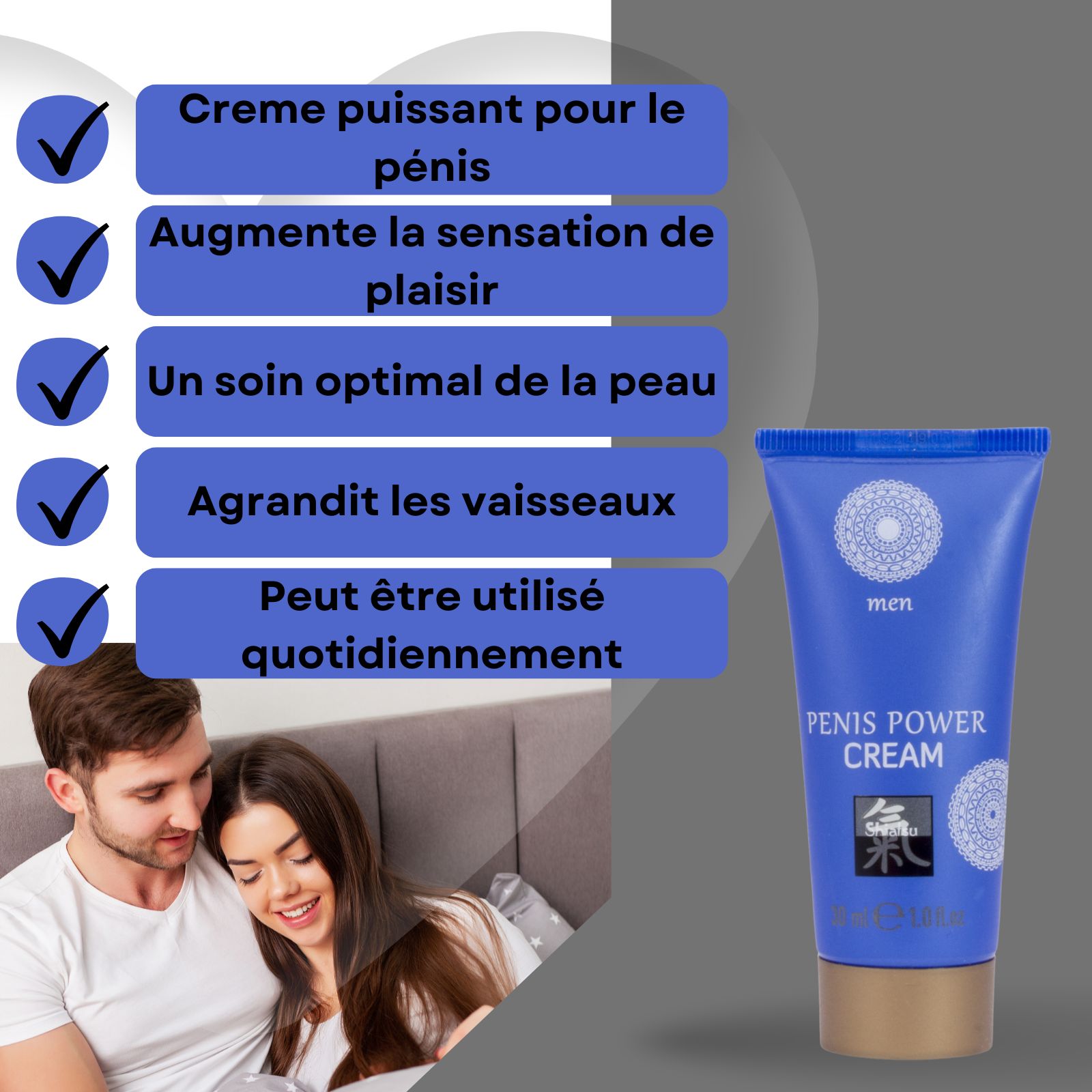 Boîte et tube de Shiatsu Penis Power Creme, bleus, avec motif mandala, texte et sceau.