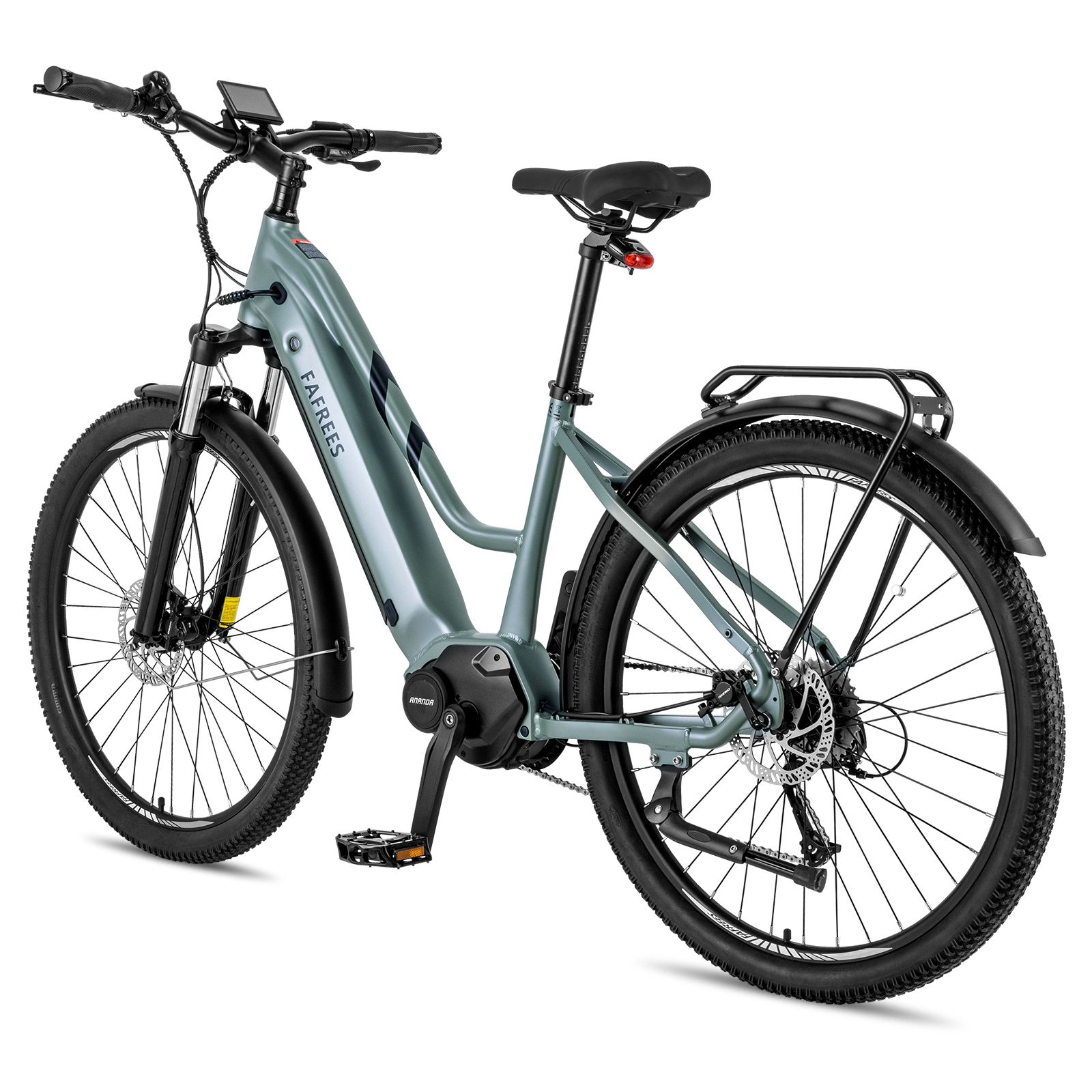 Lichtgroene e-bike met centrale motor. Zwarte banden, spatborden en bagagedrager. Merk FAFREES.