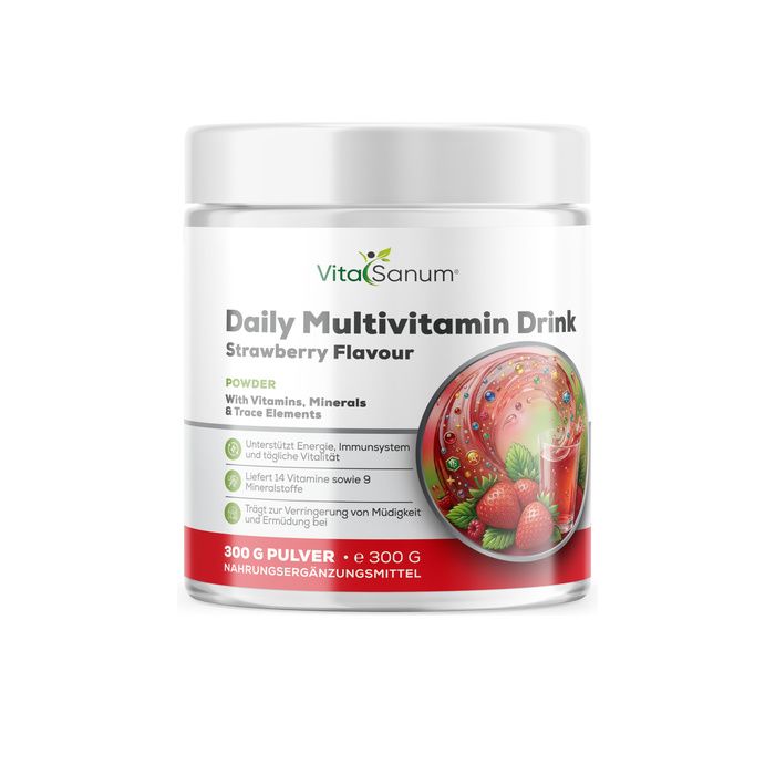VitaSanum Daily Multivitamin Drink saveur fraise en poudre en boîte. Contient vitamines, minéraux et oligo-éléments.