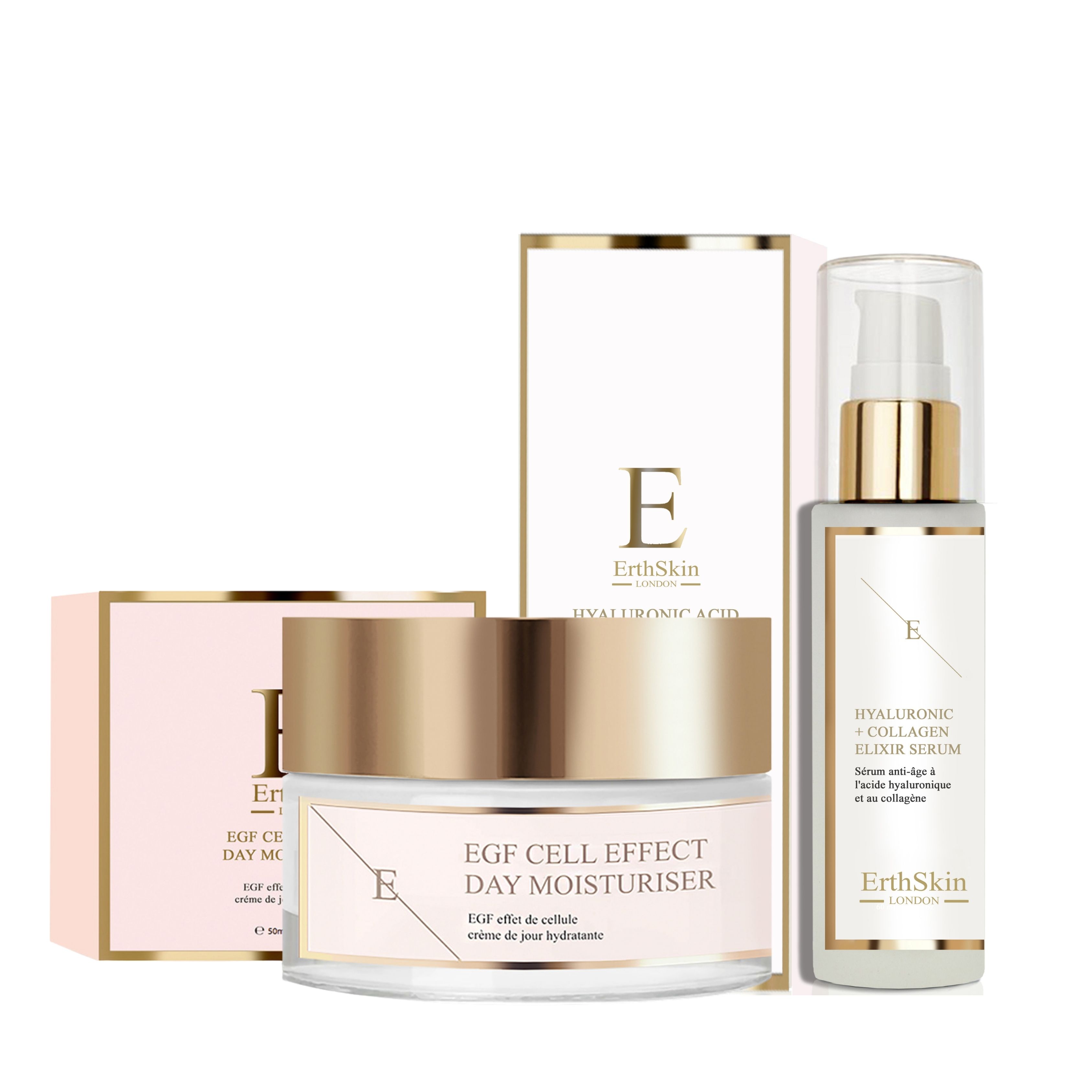 Crème de jour EGF Cell Effect et sérum élixir acide hyaluronique + collagène avec emballage.