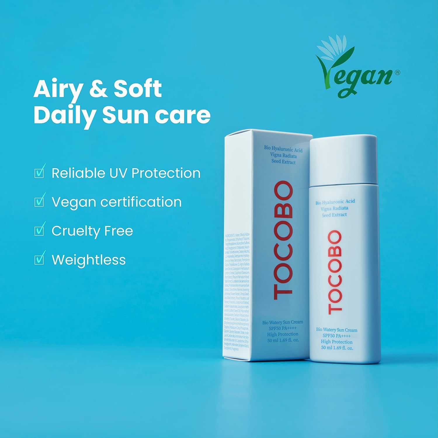 Produit et emballage. Texte : TOCOBO, certification Vegan, protection UV fiable, sans cruauté.