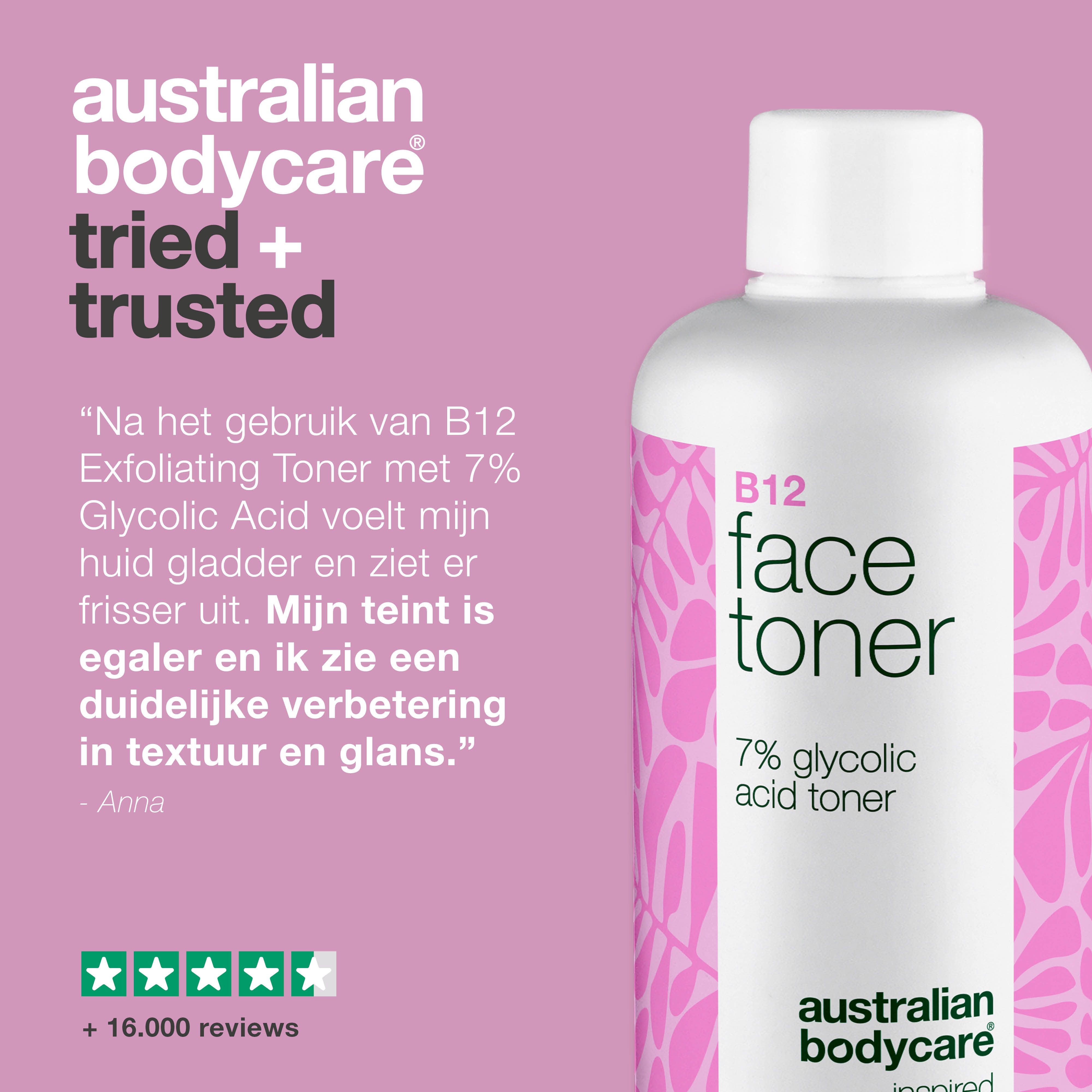 Fles B12 Face Toner. Tekst: Australian Bodycare, tried + trusted. Tekst: +16.000 reviews.