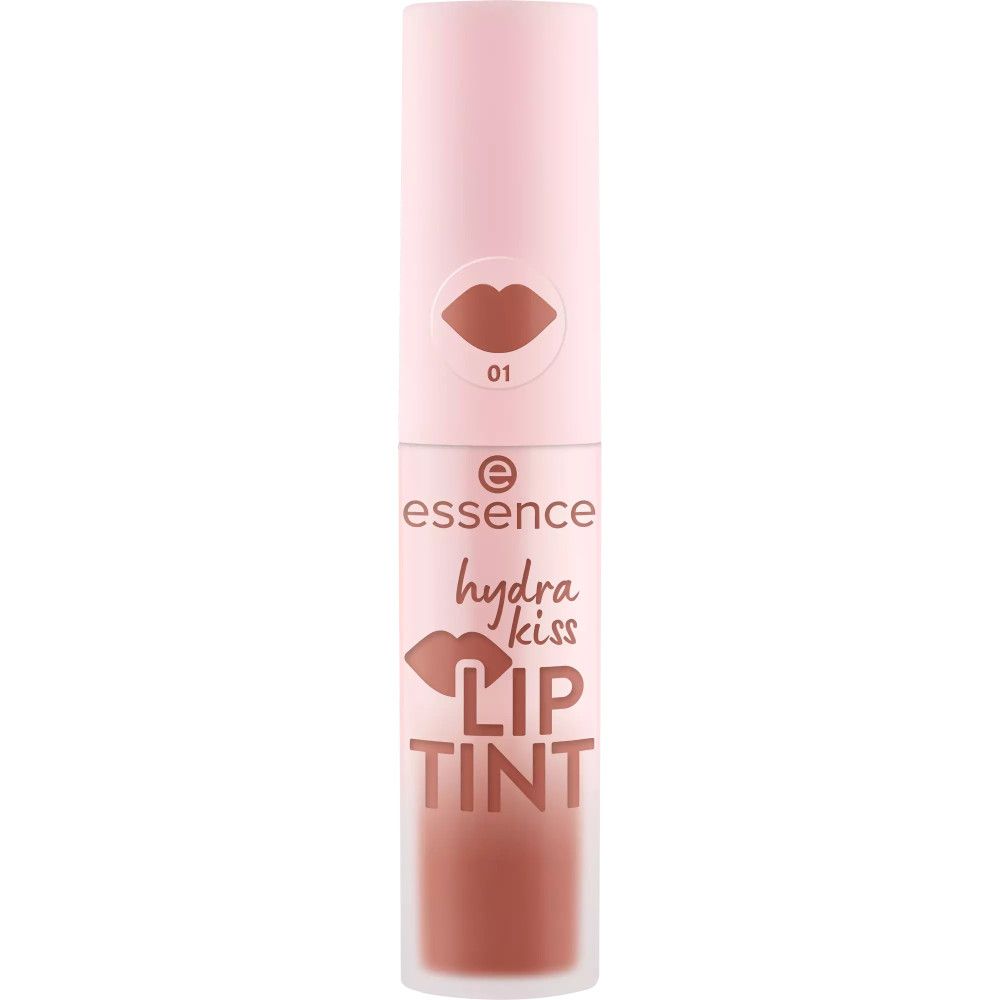 Essence Hydra Kiss Lip Tint, fermé. Emballage rose avec forme de lèvre marron et inscription: Lip Tint.