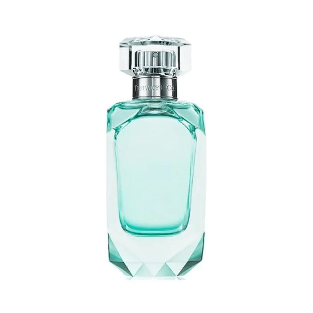 Fles met zilveren sluiting en transparante dop. Turquoise vloeistof. Geometrische vorm. Opschrift: Tiffany & Co.