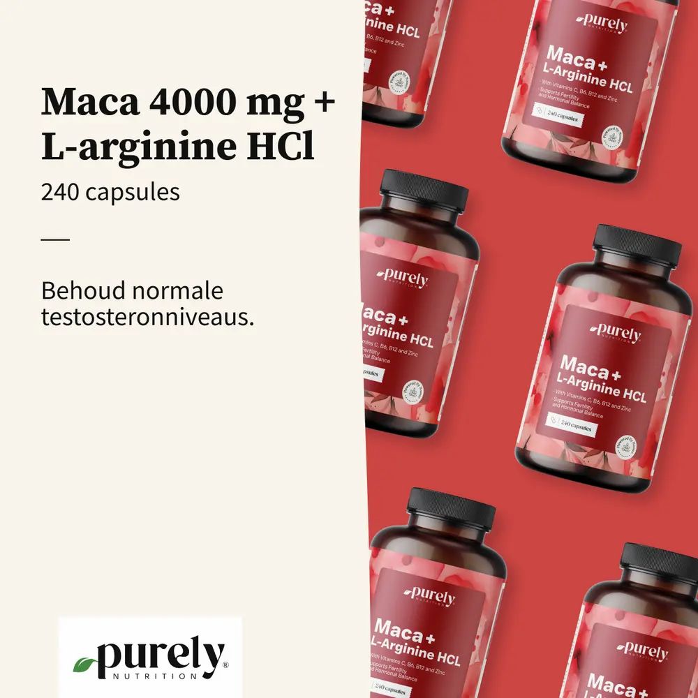 Meerdere flessen met opschrift: Maca 4000 mg + L-Arginine HCl, 240 capsules. Rode achtergrond. Logo: Purely Nutrition.