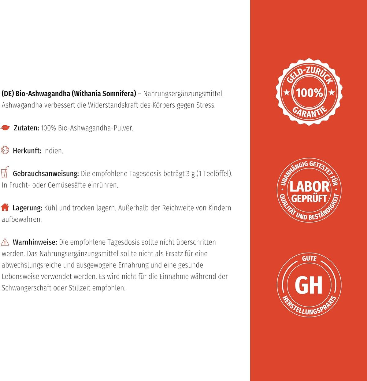 Tekst op rode achtergrond. Informatie over bio Ashwagandha poeder. Garantie en kwaliteitslabels.