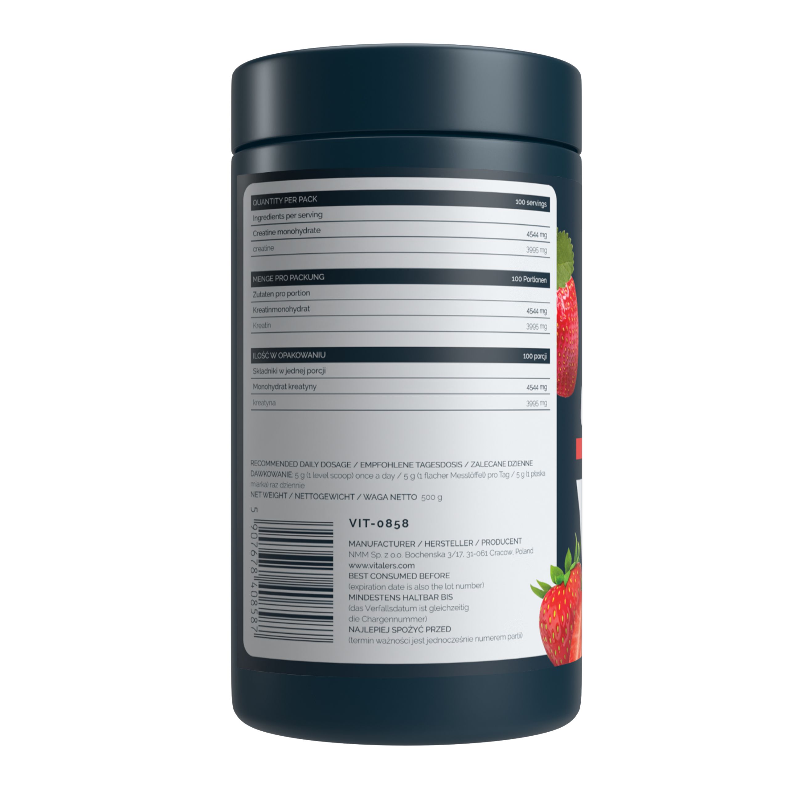 Achterkant van een donker vat met een etiket waarop voedingsfeiten, ingrediënten en productdetails in verschillende talen worden weergegeven.