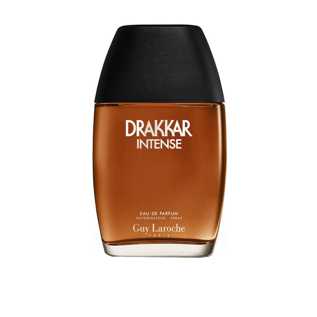 Drakkar Intense Eau de Toilette fles. Fles met zwarte dop. Productnaam en merk op de fles.