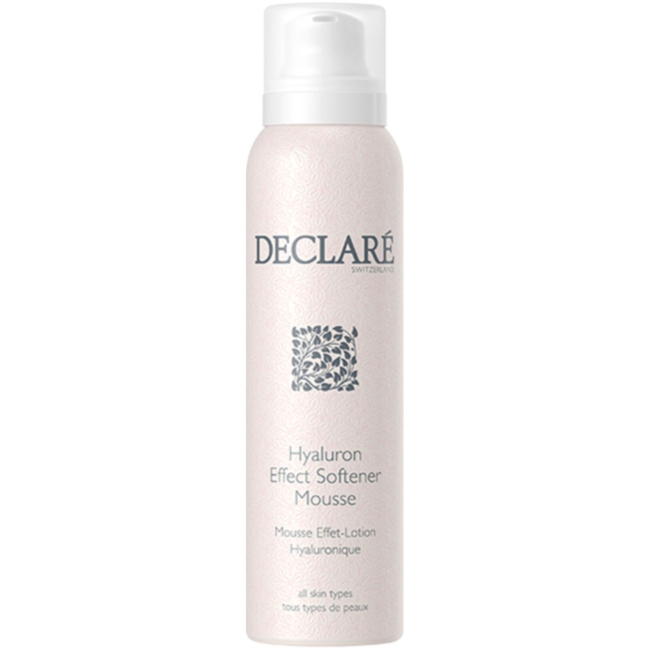 Roze fles met witte sproeikop. DECLARÉ-logo en productnaam. Tekst: Hyaluron Effect Softener Mousse. Voor alle huidtypen.