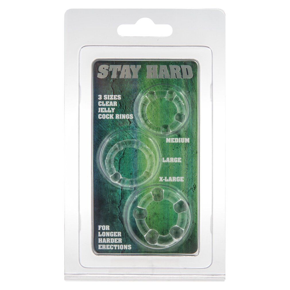 Verpakking met drie transparante jelly penisringen in de maten Medium, Large en X-Large.