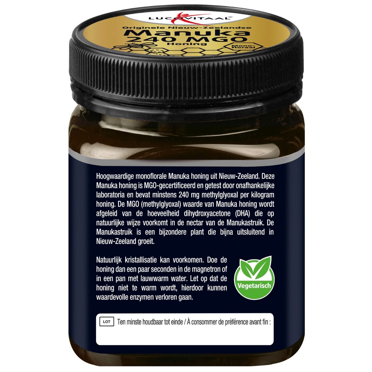 Achterkant van de honingpot. Tekst over Manuka honing, vegetarisch logo. Tekst in het Nederlands.