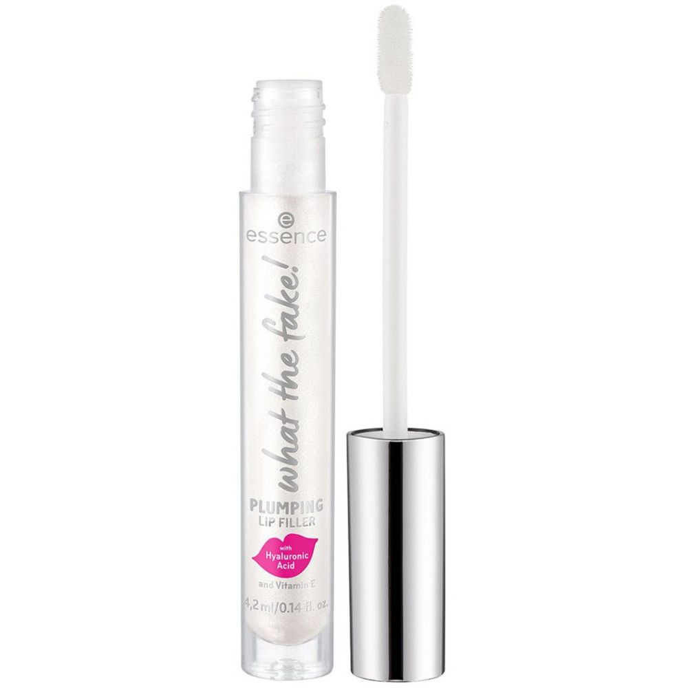 Transparante lipgloss met applicator. Opschrift: What the Fake! Plumping Lip Filler. Met hyaluronzuur en vitamine E. Zilveren dop.