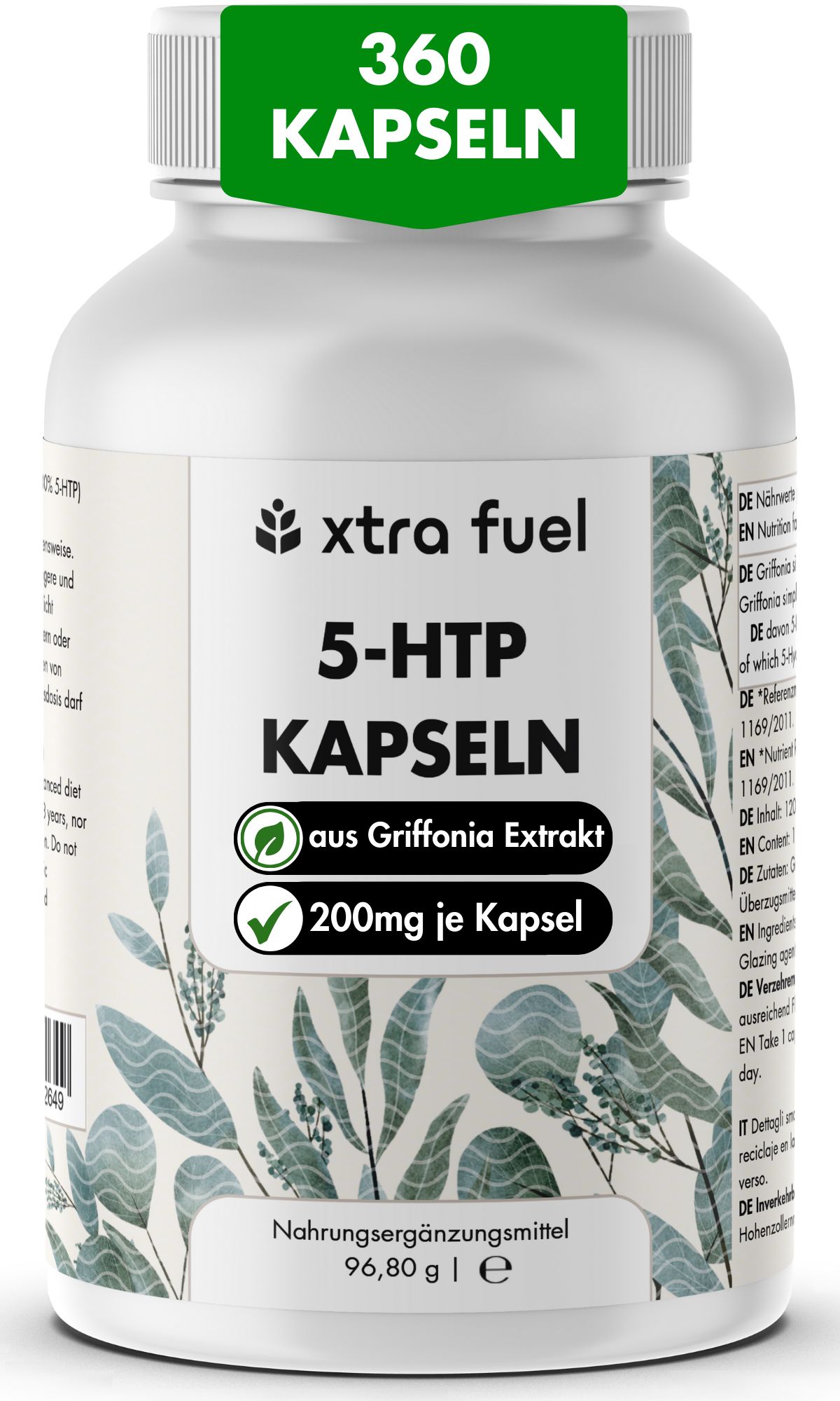 Flacon blanc avec capsules. Inscription : XTRA FUEL, 5-HTP CAPSULES, extrait de Griffonia, 200mg par capsule. 360 capsules.