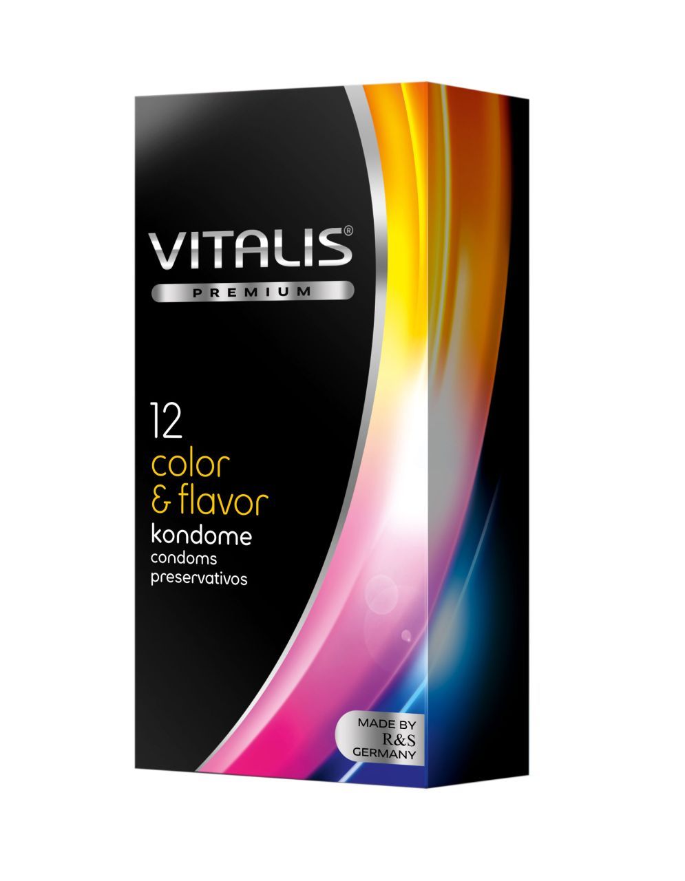 Boîte noire VITALIS, inscription "12 color & flavor kondome". Fabriqué en Allemagne.