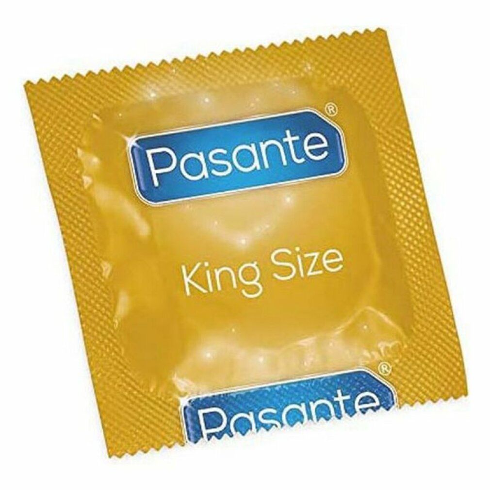 Préservatif emballé individuellement dans une feuille jaune, logo Pasante et King Size.