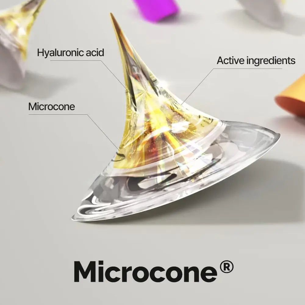 Gros plan d'un modèle Microcone. Étiquettes : Acide hyaluronique, Ingrédients actifs, Microcone. Arrière-plan flou.