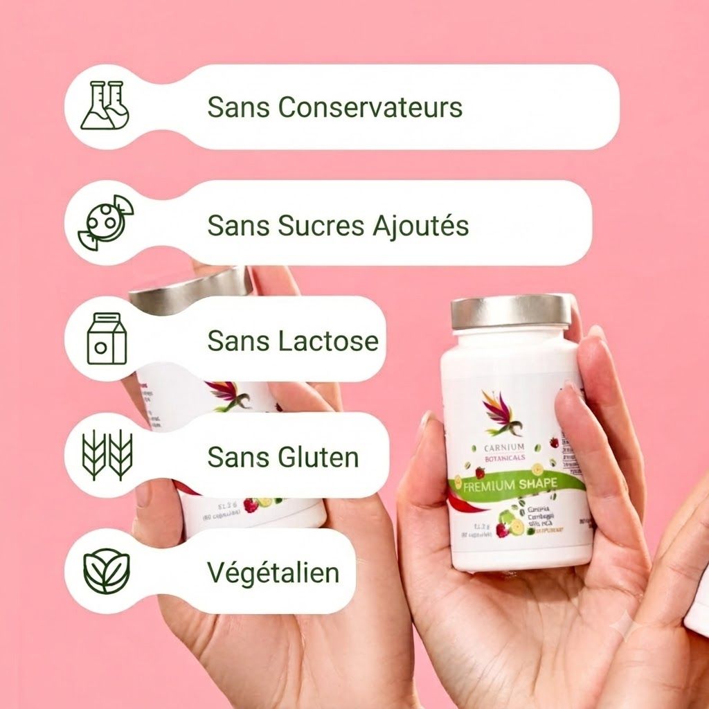 Bouteilles Carnium Botanicals Premium Shape, tenues par des mains, avec caractéristiques.