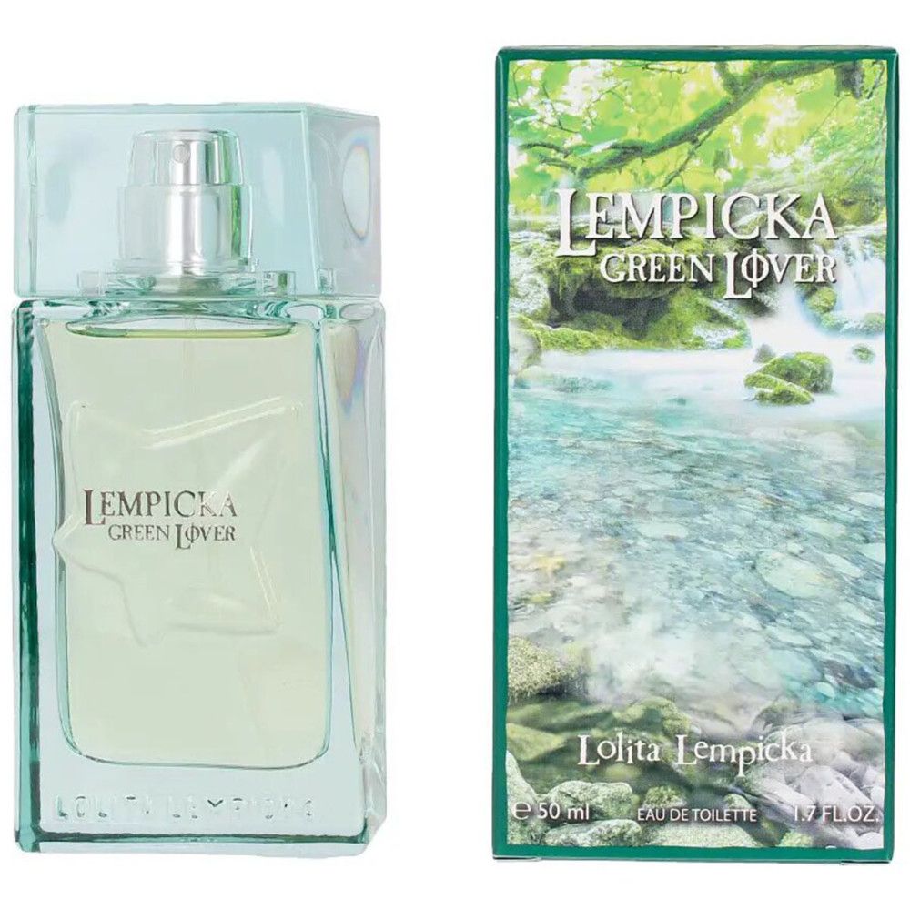 Fles en verpakking van Lolita Lempicka Green Lover. Rechthoekige fles met groenige vloeistof. Groene verpakking met logo en landschap.