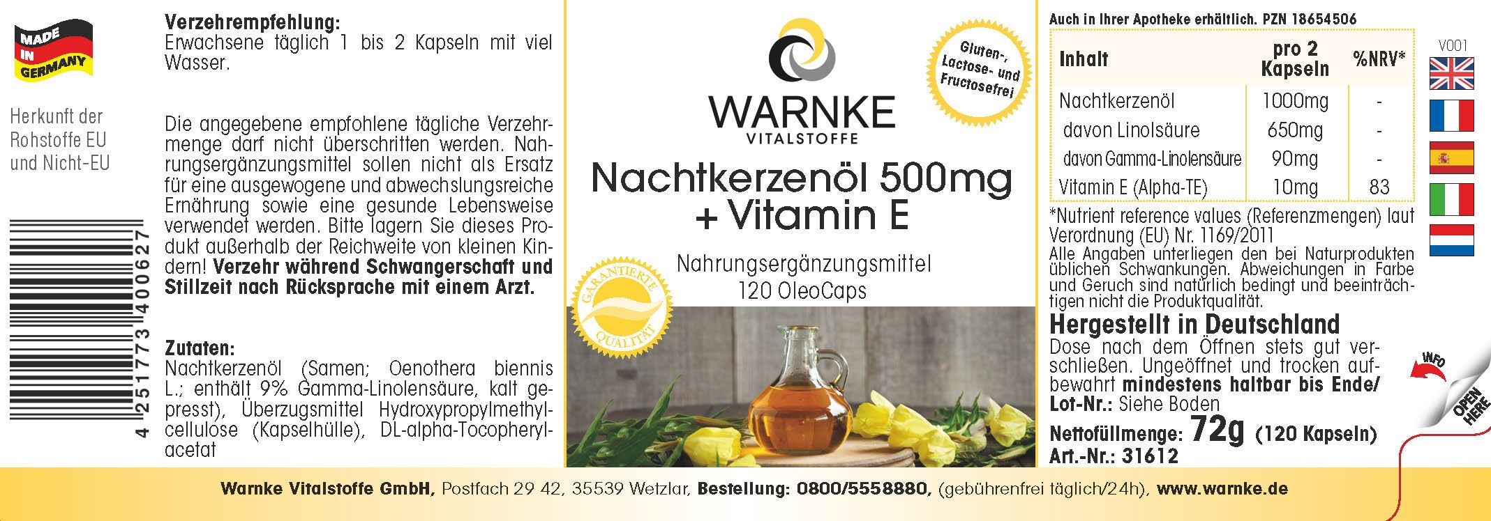 Étiquette avec informations sur le produit. Inscription: Warnke Vitalstoffe Olio di enotera 500mg + Vitamine E. 120 OleoCaps. Ingrédients.