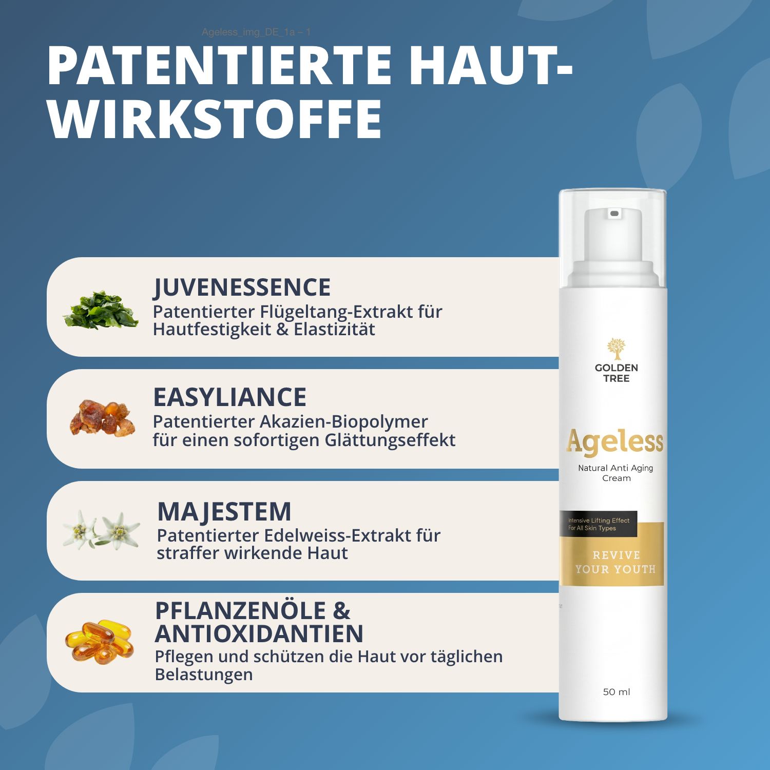 Golden Tree Ageless crème met gepatenteerde actieve ingrediënten: Juvenesence, Easyliance, Majestem, Plantaardige oliën & Antioxidanten.