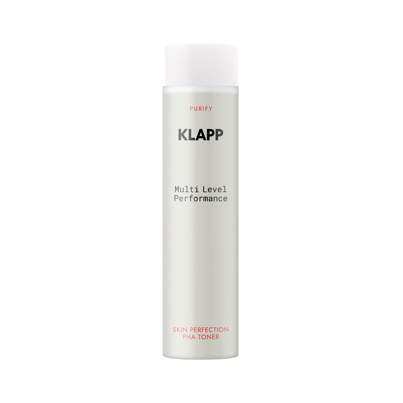 KLAPP flacon met witte dop, gelabeld 'PURIFY', 'KLAPP', 'Multi Level Performance', 'SKIN PERFECTION PHA TONER'.