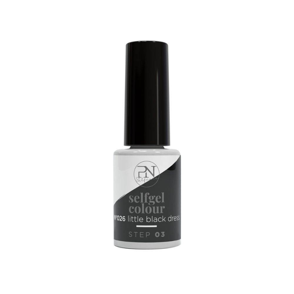 Flacon de vernis semi-permanent PN Selfgel. Design noir et blanc, bouchon noir. Inscription : N26 Little Black Dress, Step 03.
