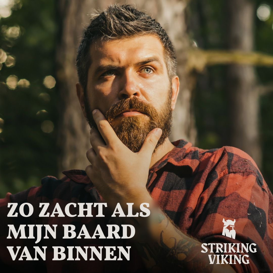 Man met baard in geruit hemd, houdt zijn kin vast, met tekst.