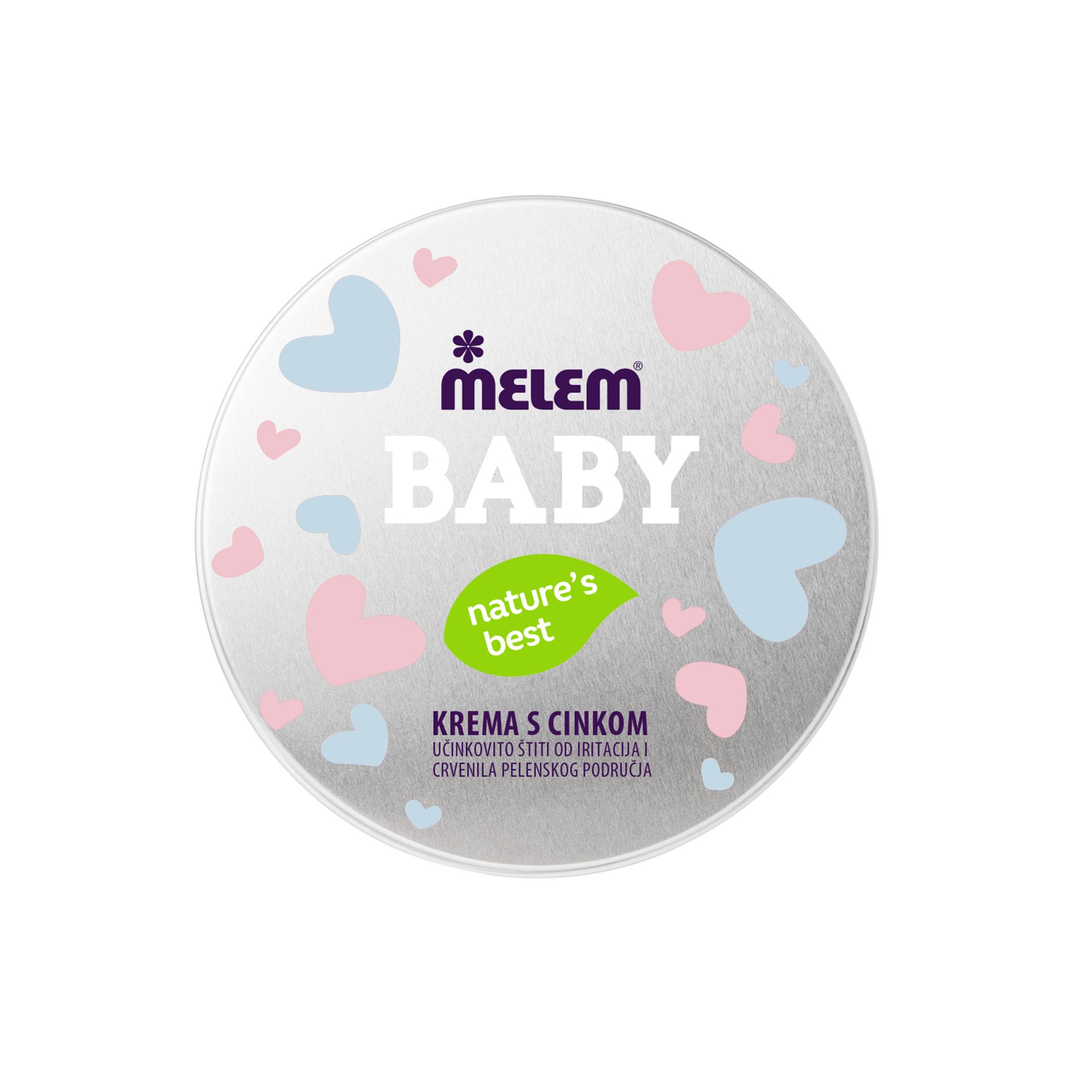 Ronde pot "Melem Baby". Roze en blauwe harten. "nature's best" logo. Tekst: "Krema s cinkom". 