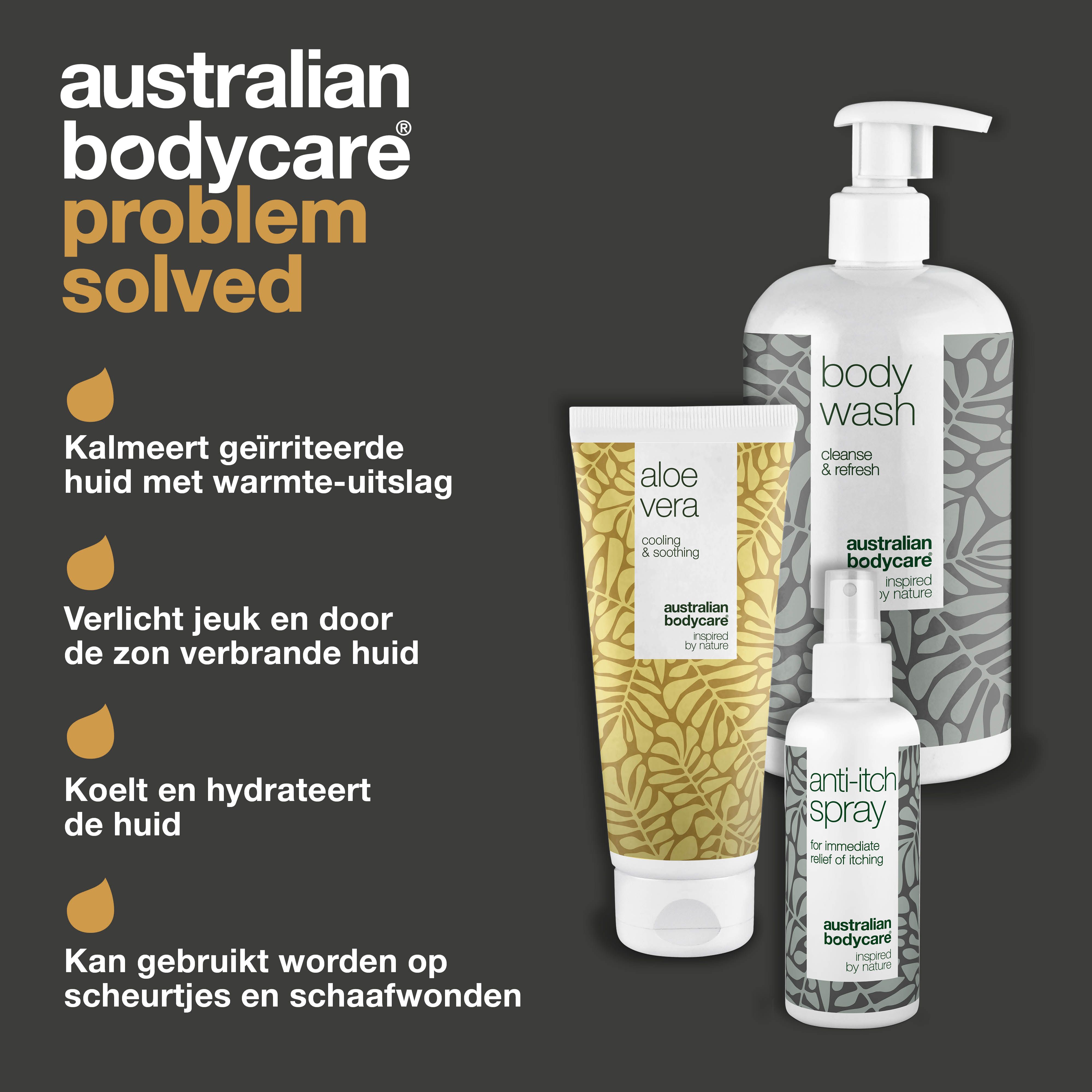 Drie producten: Body Wash, Aloe Vera gel en Anti-jeuk Spray. Tekst: Probleem opgelost.