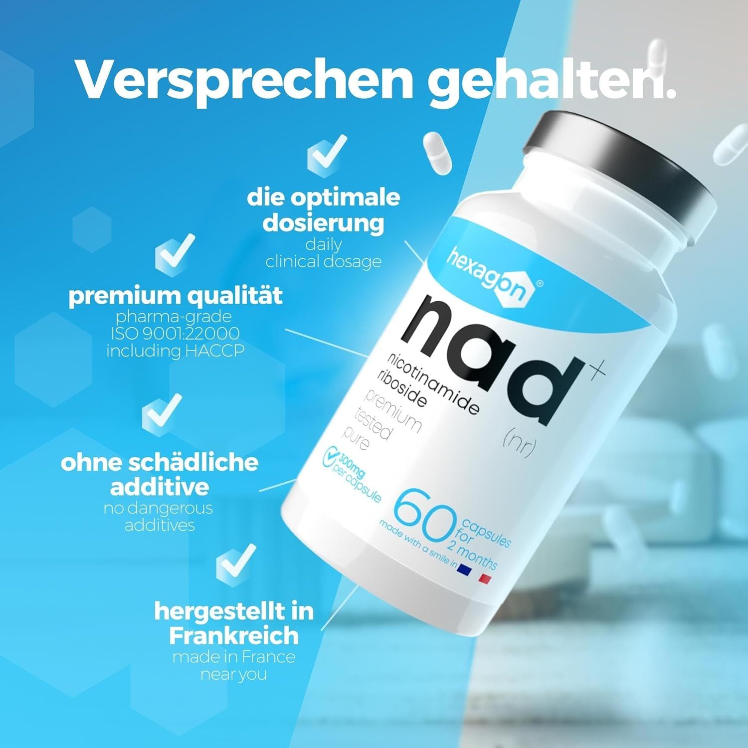 Hexagon NAD+ capsule gericht op premium kwaliteit en Franse oorsprong.
