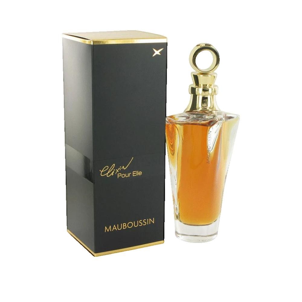 Flacon de parfum et boîte. Flacon avec bouchon doré. Boîte noire avec texte doré.
