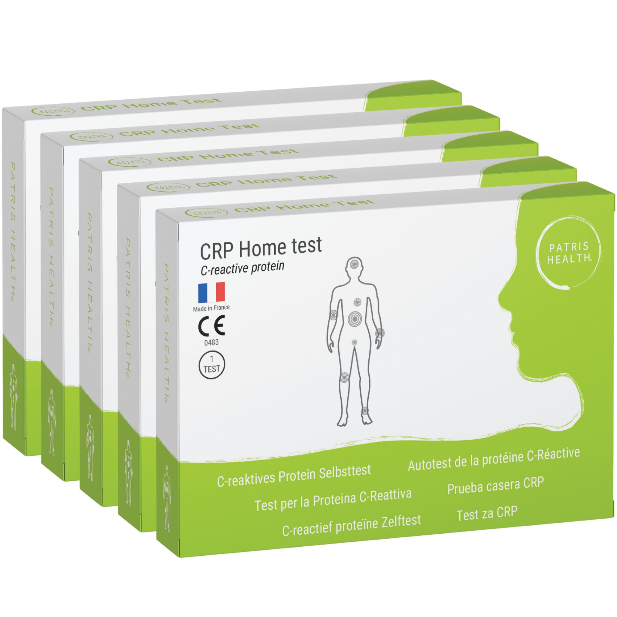 Meerdere verpakkingen Patris Health® CRP Home Test. Verpakking met productnaam, CE-markering en certificering.