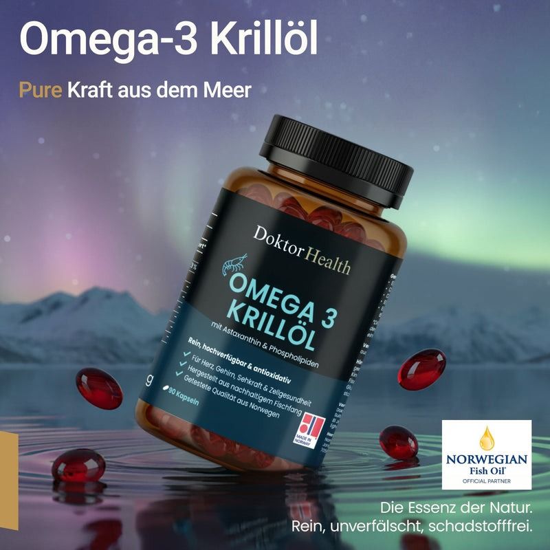 Flacon brun d'Omega-3 Krillöl avec gélules rouges. Inscription: Doktor Health, Omega 3 Krillöl. Label "Norwegian Fish Oil".