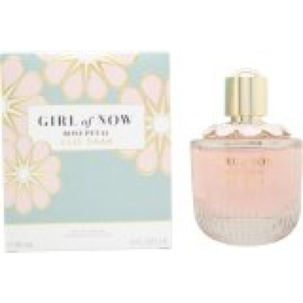 Flacon spray naturel Elie Saab Girl of Now Rose Petal Eau de Parfum avec bouchon doré et application florale.