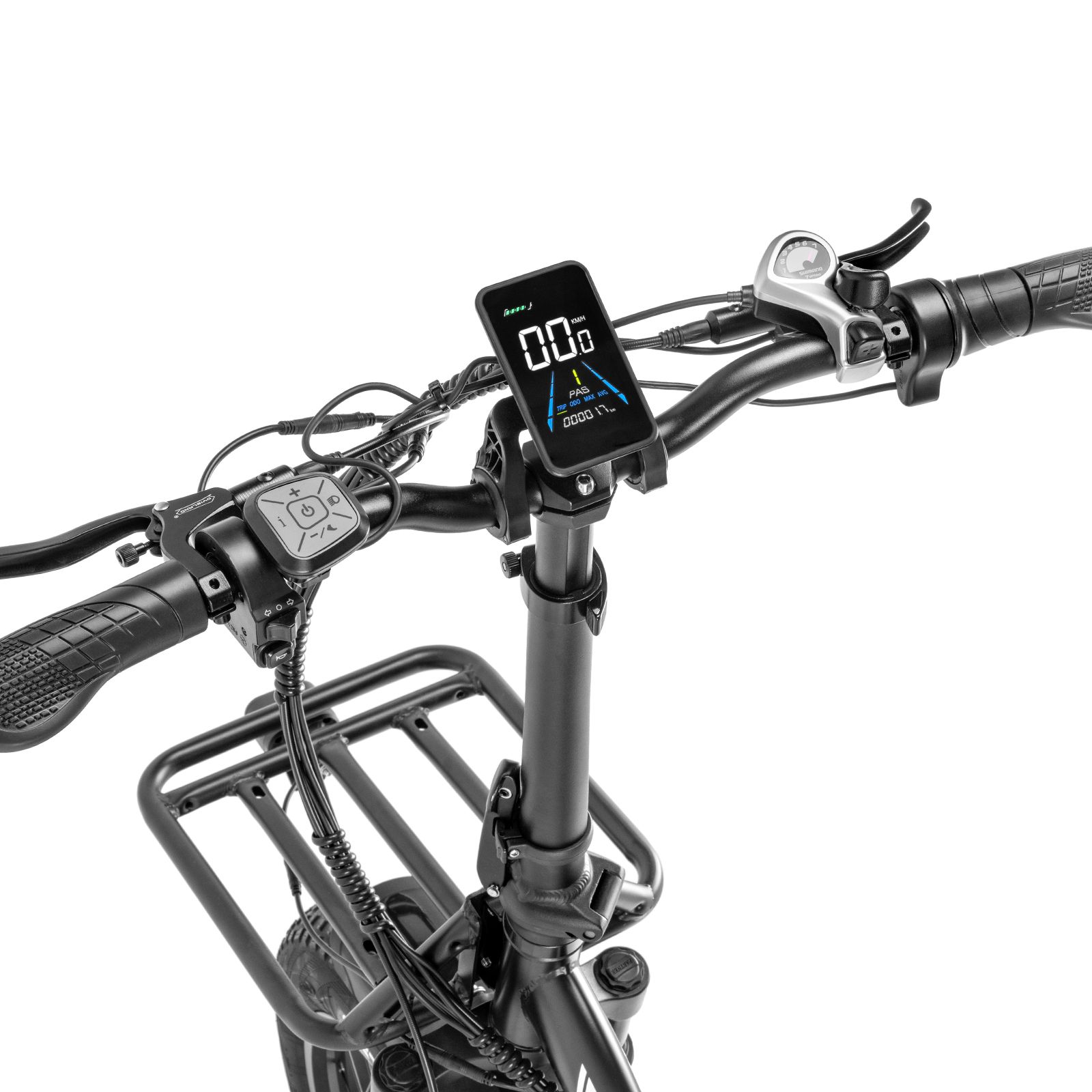 Close-up van het stuur van een elektrische fiets. Digitaal display met snelheidsmeter. Bediening en bagagedrager.