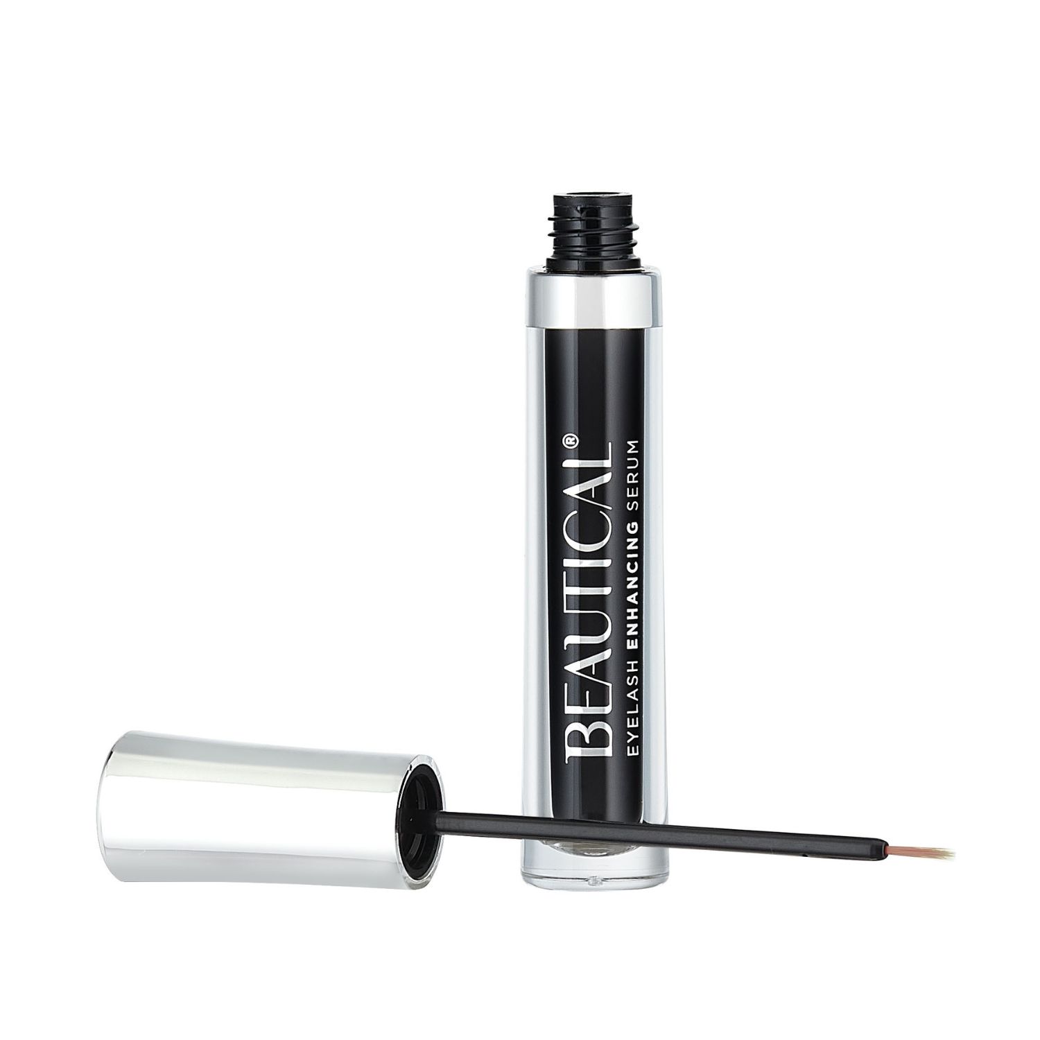 Sérum pour cils Beautical. Flacon noir avec bouchon argenté et applicateur. Nom du produit et texte sur le flacon.