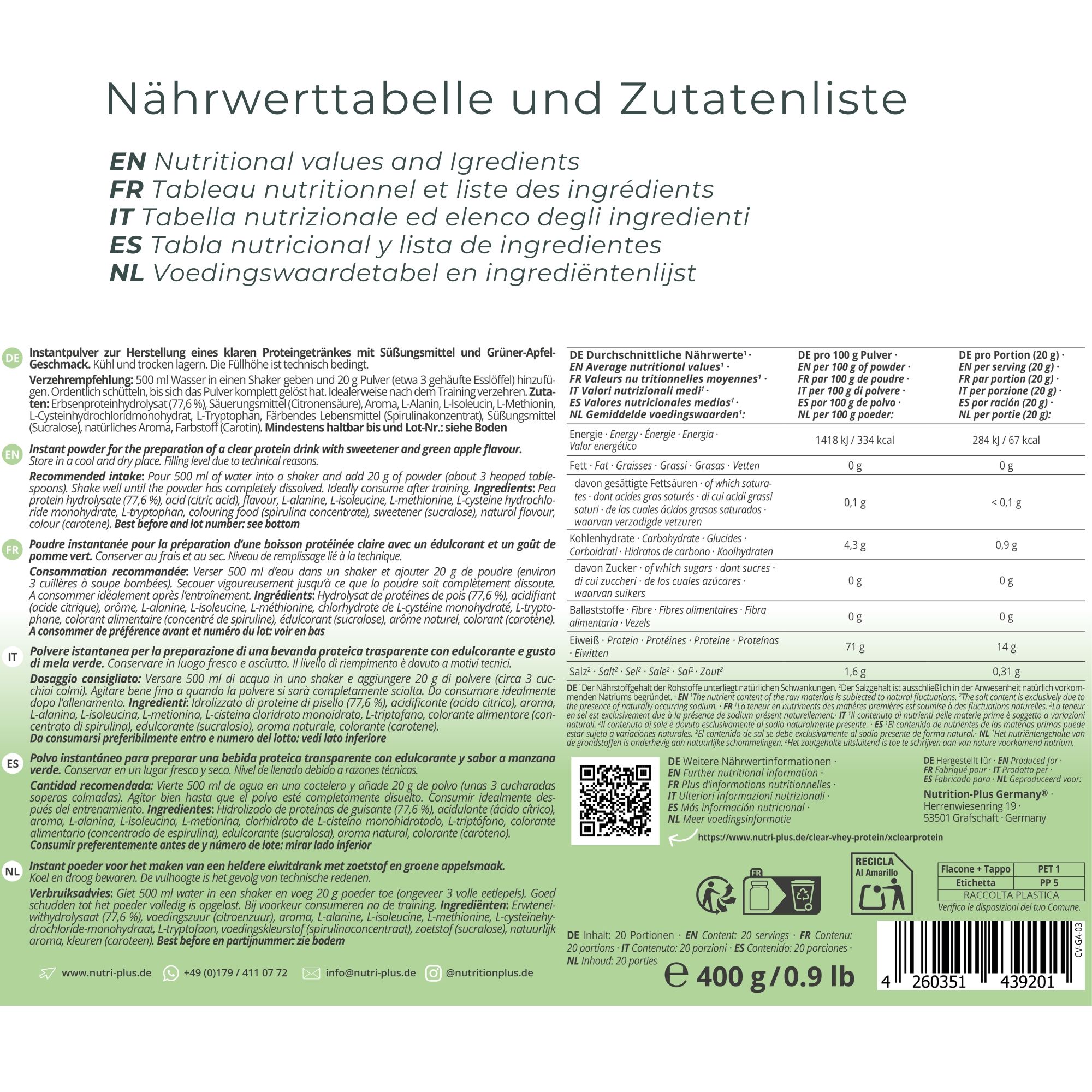 Achterkant van de witte pot. Meertalige tekst, voedingstabel, ingrediëntenlijst, QR-code, 400g.