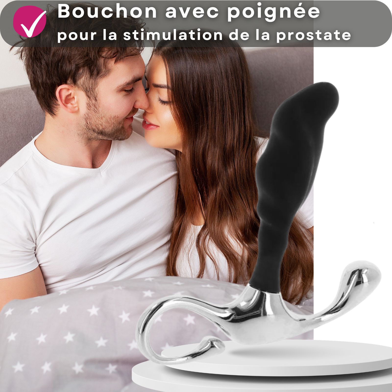 Stimulateur prostatique noir avec poignée argentée.