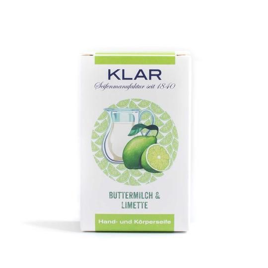 Emballage avec illustration du produit. Logo Klar, illustration de babeurre, citron vert. Texte : Babeurre & Citron vert, Savon mains et corps.