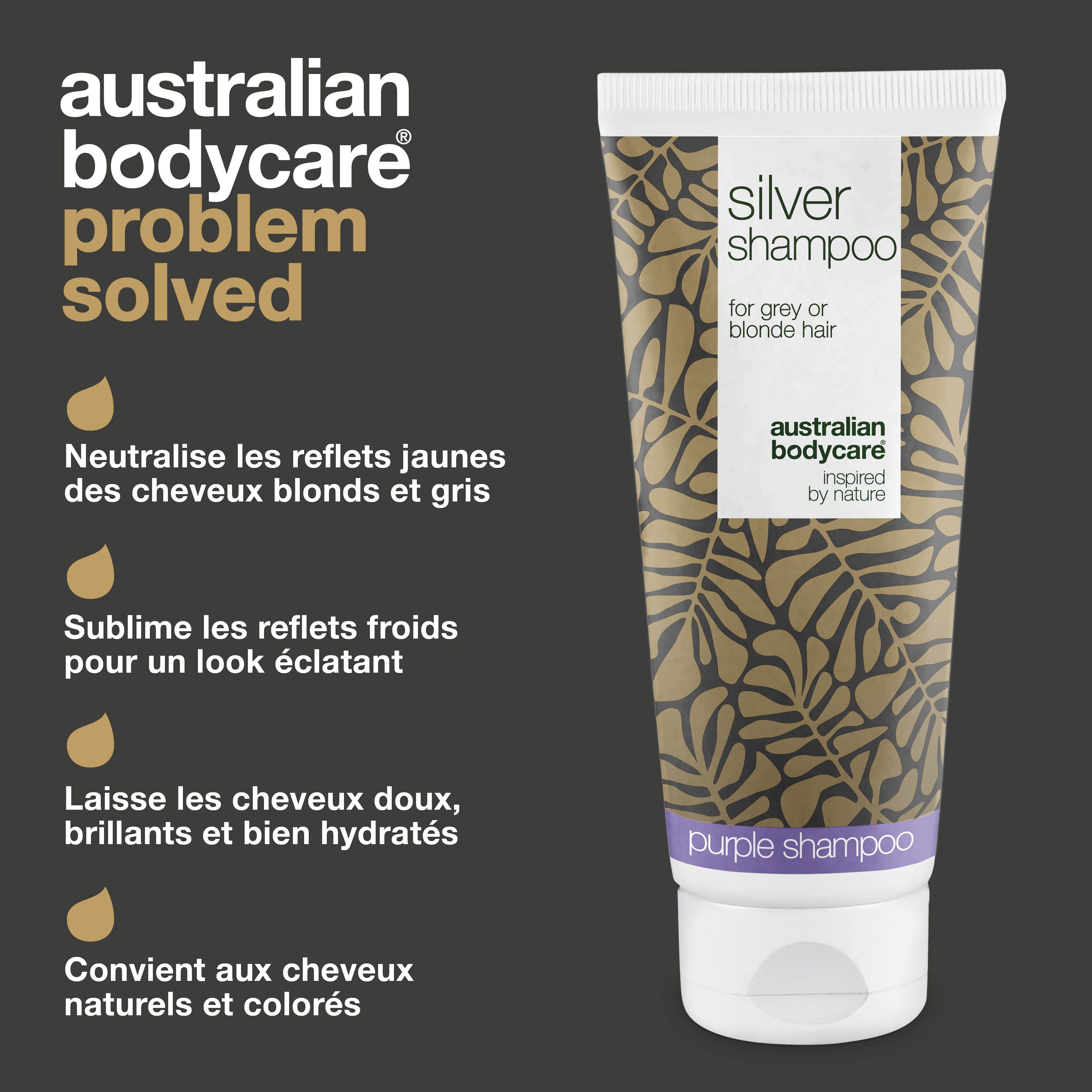 Tube de shampooing et texte : Australian Bodycare, problème résolu. Neutralise les reflets jaunes. Pour cheveux blonds et gris.
