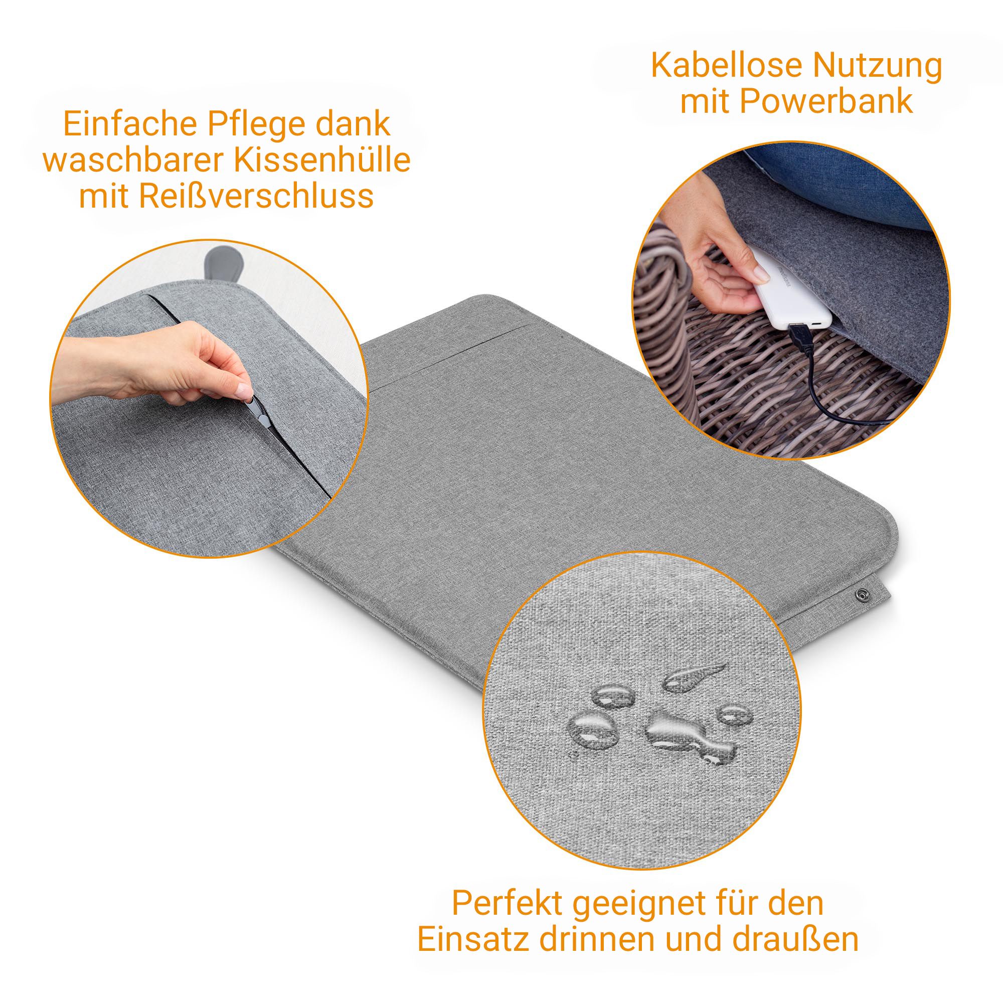 Coussin chauffant gris avec des languettes de fixation latérales et des rivets.