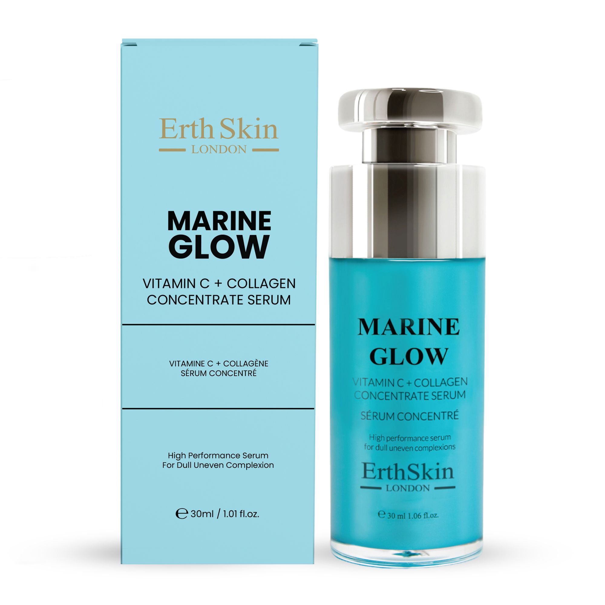 Bouteille et boîte de sérum ErthSkin London Marine Glow Vitamine C + Collagène.