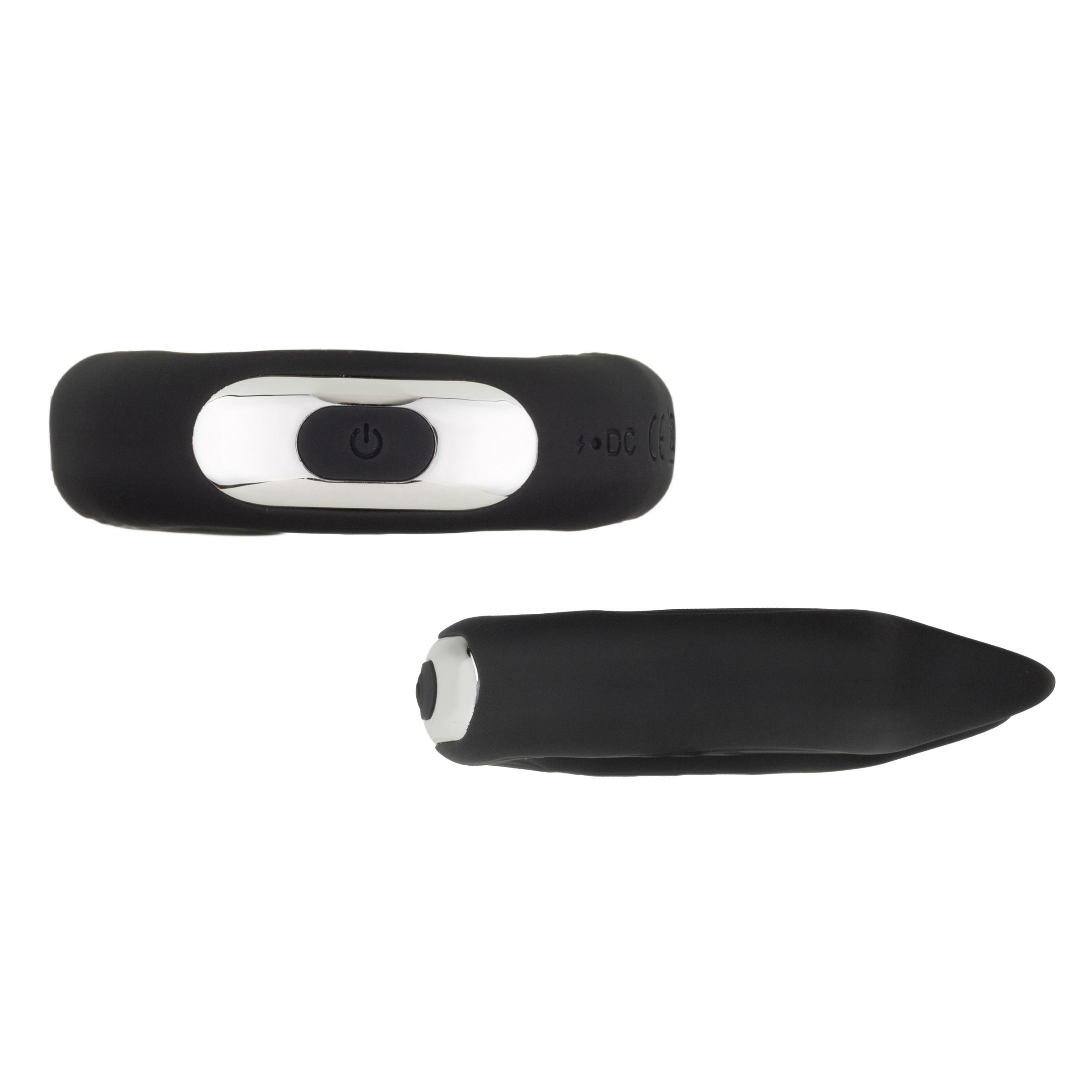 Deux jouets sexuels noirs. Un allongé avec boutons, l'autre pointu.