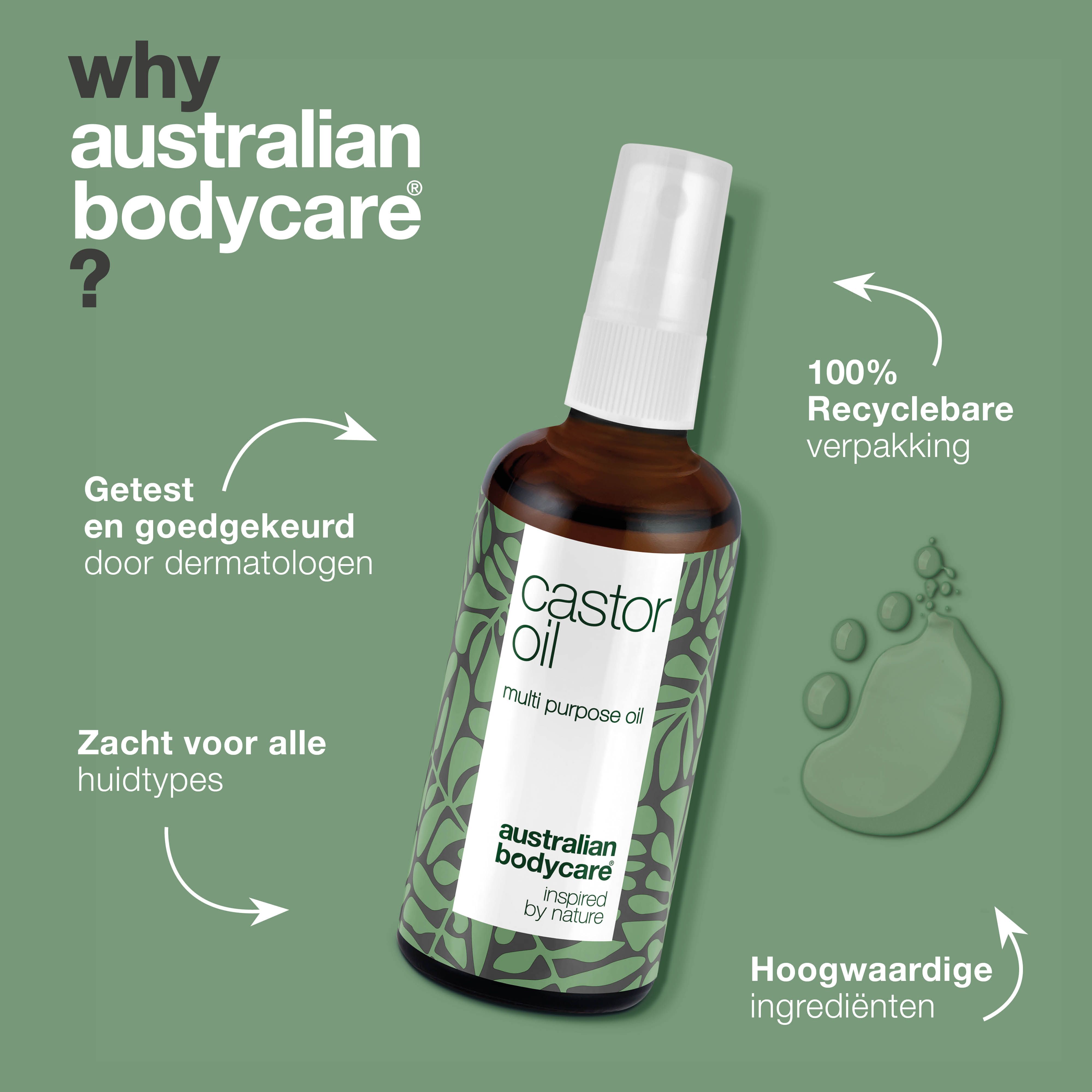 Fles naast tekst: Getest en goedgekeurd door dermatologen. Zacht voor alle huidtypes. 100% recyclebare verpakking.