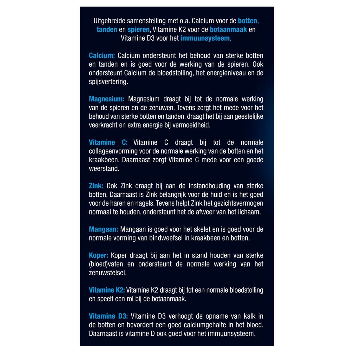 Tekst op de achterkant van de verpakking van Lucovitaal Calcium Magnesium Bot Formule. Beschrijft de ingrediënten en hun voordelen.