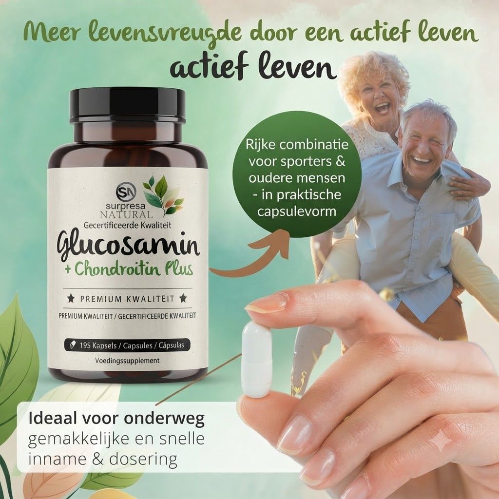 Bruine fles met Glucosamine + Chondroitin Plus capsules. Een witte capsule wordt door een hand vastgehouden.